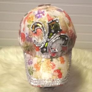 Tapestry Fleur de Lis & Floral Rhinestone Bling Baseball Cap